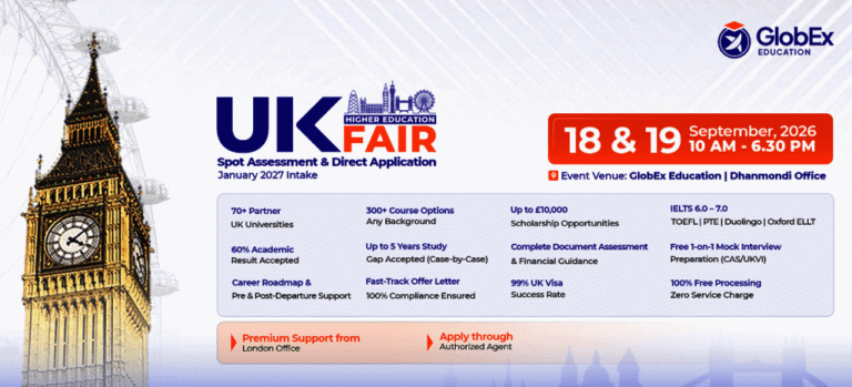 GlobEx Education UK Higher Education Fair poster – 18 & 19 September 2026, spot assessment and direct application for January 2027 intake